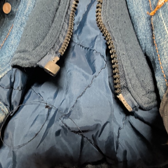 Vintage Faded Glory Mens L Blue Denim Hooded Jacket Quilted Lined Distressed - Picture 5 of 11